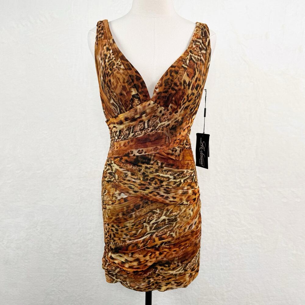 NWT La Femme Animal Print Mini Dress Brown Pleated Sheath Party Cocktail Size 10